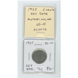 1925 NICKEL 5 CENTS. KEY DATE. MINTAGE OF ONLY 200,050. VG-10. SCARCE