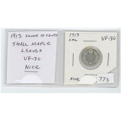1913 SILVER 10 CENTS. SMALL MAPLE LEAVES. VF-30. NICE