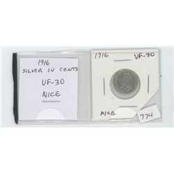 1916 SILVER 10 CENTS. WORLD WAR I ISSUE. VF-30. NICE.