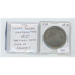 1936 SILVER DOLLAR. ONE YEAR TYPE. THE YEAR GEORGE V DIED. VF-30