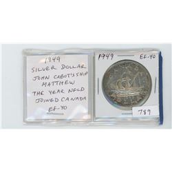 1949 SILVER DOLLAR. JOHN CABOT'S SHIP MATTHEW. CELEBRATES NEWFOUNDLAND JOINING CANADA. EF-40