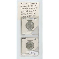 LOT OF 2 NEWFOUNDLAND SILVER 5 CENTS ISSUED DURING WORLD WAR II. 1941C AND 1945C. BOTH EF-40. NICE.