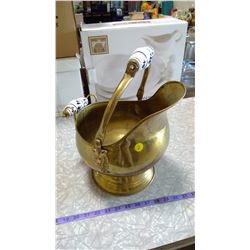 BRASS BUCKET WITH BLUE/WHITE HANDLE