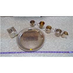 LOT OF SILVER PLATE - CHILD'S PIGGY BANK, 3 BABY CUPS, CREAM + SUGAR, TRAY