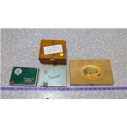 TWO WOODEN CIGAR BOXES, TWO FLAT FIFTIES CIGARETTE TINS
