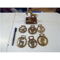 HORSE HARNESS BRASS HANGINGS W/ BRASS GIRAFFE STATUE