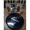 Image 1 : SERING PLATTER AND 2 PLASTIC PINTS AND 1 METAL ANNIVERSARY CUP