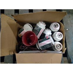 BOX OF CAMPING MATERIALS AND EXTENSION CORDS