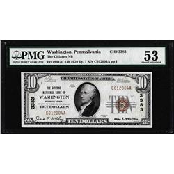 1929 $10 Citizens NB Washington, PA CH# 3383 National Note PMG About Uncirculated 53