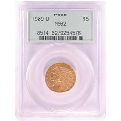 1909-D $5 Indian Head Half Eagle Gold Coin PCGS MS62 Old Green Holder