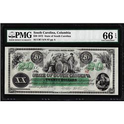 1872 $20 State of South Carolina Obsolete Note PMG Gem Unc. 66EPQ Low Serial Number