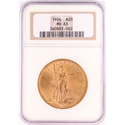 1924 $20 St. Gaudens Double Eagle Gold Coin NGC MS63