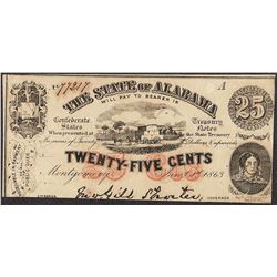 1863 Twenty Five Cents The State of Alabama Obsolete Note