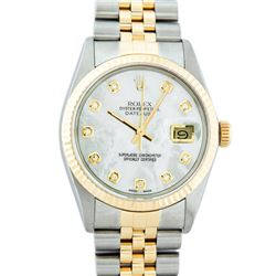 Rolex Mens 2 Tone 14K Mother Of Pearl VS Diamond 36MM Datejust Wristwatch