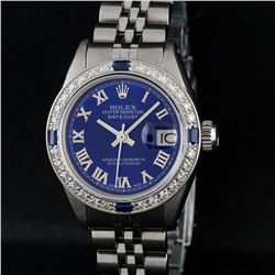 Rolex Ladies Stainless Steel Blue Diamond & Sapphire 18K Gold Bezel Datejust