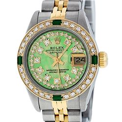 Rolex Ladies 2 Tone Yellow Gold Green MOP Diamond & Emerald Datejust Wristwatch