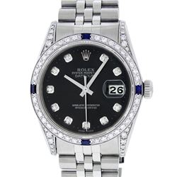 Rolex Mens Stainless Steel Diamond Lugs Black Diamond & Sapphire Datejust Wristw