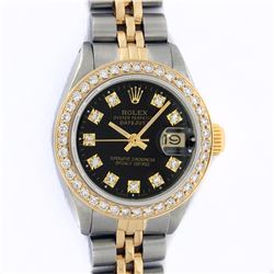 Rolex Ladies 2 Tone Yellow Gold Black Diamond Bezel & 1 ctw Bezel Datejust
