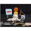 Image 1 : ASSORTED ITEMS INCLUDING ANTIQUE JACK, CONSTRUCTION LIGHT  FIRST AID KIT NO RESERVE