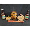 Image 1 : ASSORTED ITEMS BARREL 7 TALL, WINE SKIN, NUTCRACKER W/DISH, TIRE THUMPER BAT, 2 PLASTIC PILSNER BOTT