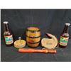 Image 1 : ASSORTED ITEMS BARREL 7 TALL, WINE SKIN, NUTCRACKER W/DISH, TIRE THUMPER BAT, 2 PLASTIC PILSNER BOTT