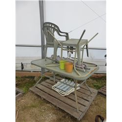 PATIO TABLE, UMBRELLA, 2 CHAIRS, SIDE TABLE & 2 FOLDING CHAIRS