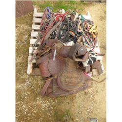 PALLET WITH SADDLE, BRIDLES, HARNESS, LEADS, ETC