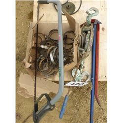 SAW, METAL CLAMPS, 2 GOOSENECK BARS, COME-ALONG