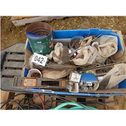 BOX WITH SAWS, LEVEL, HARDWARE, MECHANIC'S CREEPER, ETC