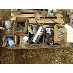 7 BOXES/BINS WITH CHAIN, PROPANE TORCH/TANK, CAULKING GUN, HOOKS, LINKAGE BARS, HOSE, ETC