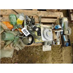 7 BOXES WITH AIR SPRAYERS, CHAULK, SCREWDRIVER BIT SET, LATEX GLOVES, HARDWARE, ETC