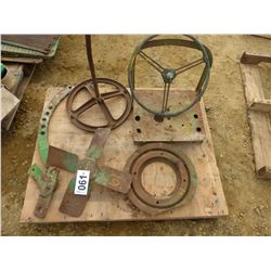 PALLET OF TRACTOR PARTS INCLUDING FAN, STEERING WHEELS, LINKAGE, ETC