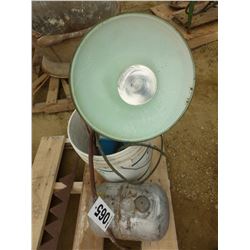 PAIL OF TOBACCO TINS, ELECTRIC HANGING LIGHT & TANK