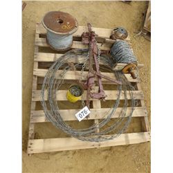 PALLET WITH BARB WIRE, CHAIN, TAPLES, WIRE STRETCHER