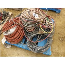 PALLET WITH ASSORTED HOSE (AIR, WATER, FUEL), WIRE, ETC