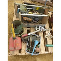 2 WOOD BOXES WITH SAWS, TAPE MEASURES, 2 BINS WITH BOLTS, FUNNELS, OILERS, WIRE BRUSH, & GERRY CAN