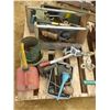Image 1 : 2 WOOD BOXES WITH SAWS, TAPE MEASURES, 2 BINS WITH BOLTS, FUNNELS, OILERS, WIRE BRUSH, & GERRY CAN