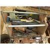 Image 4 : 2 WOOD BOXES WITH SAWS, TAPE MEASURES, 2 BINS WITH BOLTS, FUNNELS, OILERS, WIRE BRUSH, & GERRY CAN