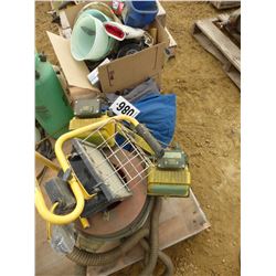 SHOP VAC, 2 WORK LITES, COVERALLS, FUNNELS, PLUMBING SUPPLIES, WIRE, BLOCK HEATER CORD, ETC