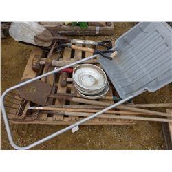 PALLET WITH YARD TOOLS (SHOVELS, FORKS, PICK AXES, 4 HUB CAPS, ETC)