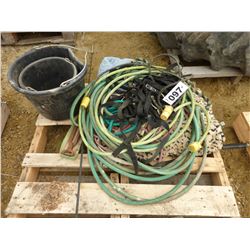 HORSE BLANKETS, GARDEN HOSE, EXTENSION CORDS, 2 FEED PAILS