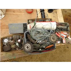 6 BOXES WITH DRILL BITS, SPRINGS, WIRE WHEELS, GRINDING BITS, AUTO LITES, SPRINGS, FUSES, ETC