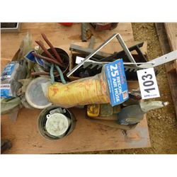 3 BOXES/3 CANS WITH WIRE SNIPS, STEEL WOOL, AIR HOSE, SHELF BRACKETS, OILS, CLEANERS, HARDWARE, ETC