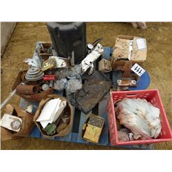 PALLET WITH BANDAGES, TAPS, HINGES, BRACKETS, BOLTS, HARDWARE, ETC