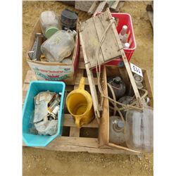 PALLET WITH ASSORTED JARS, BOTTLES, ANTIQUE WOOD SLEIGH, BEAKERS, OIL JUG, ETC
