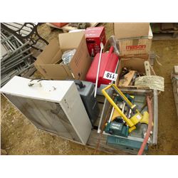 PALLET WITH ASST HOUSEHOLDS (FAN, COOLER, MILK BOTTLES, JARS, SPRINKLERS, COLEMAN CAMPSTOVE, ETC