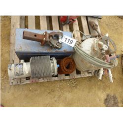 PROPANE TANK, TIGER TORCH, BRACKETS, BLUE METAL TOOLBOX, HITCH, ETC