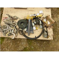 APPROX. 10 VISE GRIPS, BELTS, TROUBLE LIGHT, HYDRO INFLATION TOOL, ETC