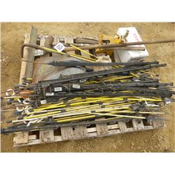 PALLET WITH SLEDGE HAMMER, JACK STAND, SHOVEL, FLOOR SQUEEGEE, ELECT FENCE RODS, FENCE CHGR, ETC