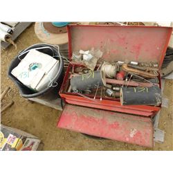 RED TOOLBOX (CLAMPS, SOCKETS, ETC), FEED PAIL, EXTENSION CORDS, BALER TWINE